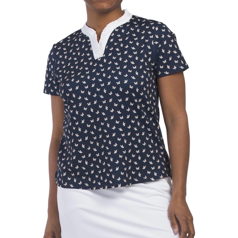 BELYN KEY Navy Blue Butterfly Patterned Women's Golf Short Sleeve NWT UPF 50